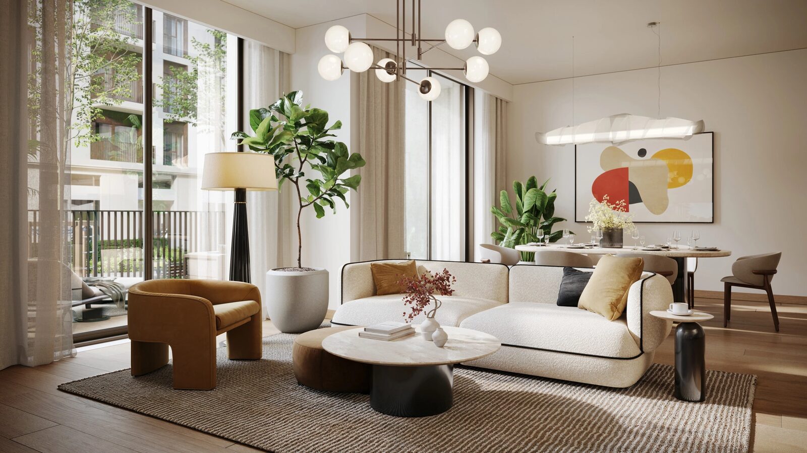 Club Residences living room with floor-to-ceiling windows and courtyard view
