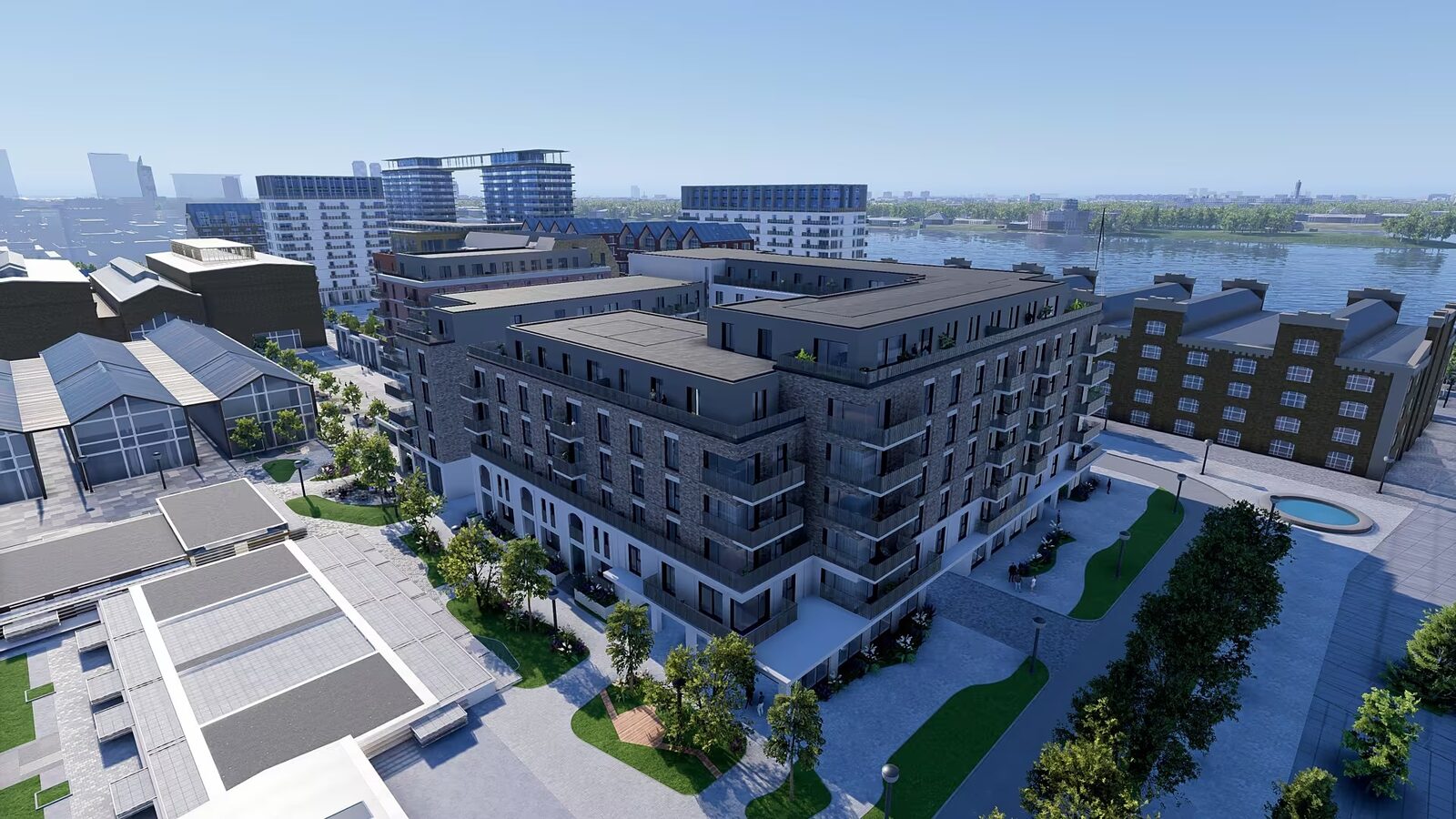 Aerial view of Club Residences within the Riga Waterfront district