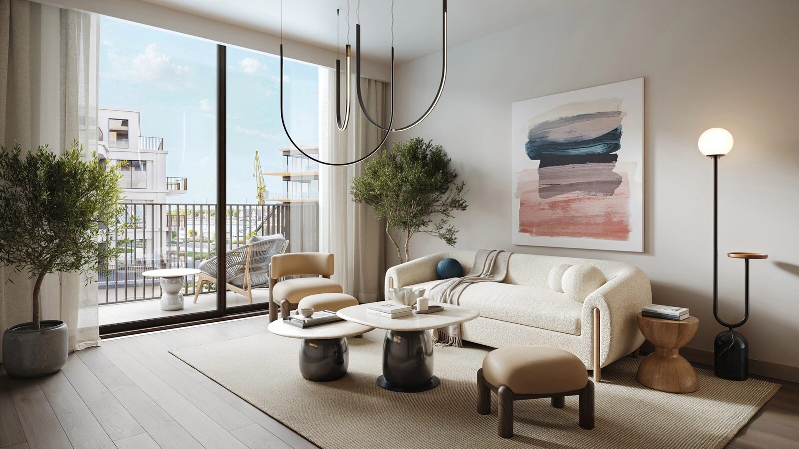 Living room opening onto a balcony with marina and Daugava views