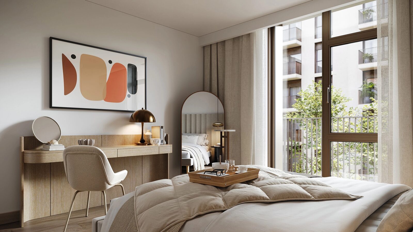 Bedroom with balcony access and a view of the neighbouring residences