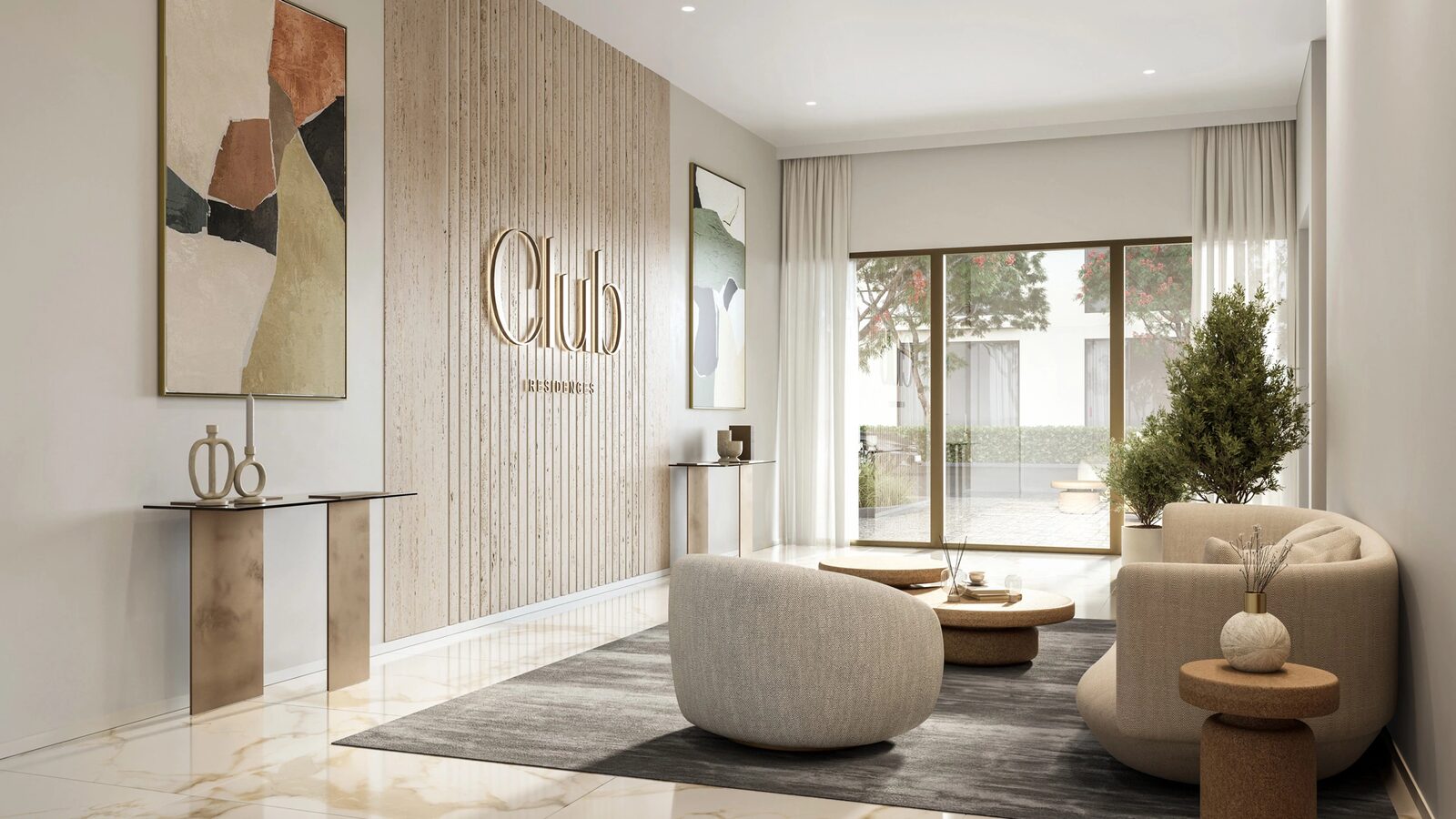 Residents’ lounge with the Club Residences travertine feature wall