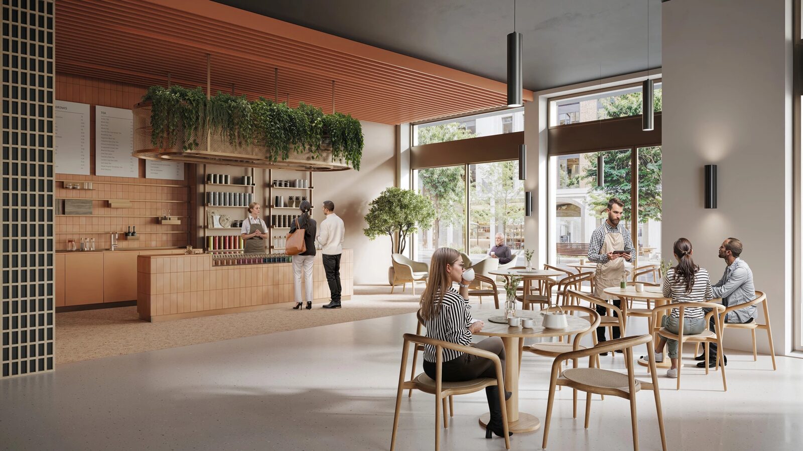 Street-level bar and café with terracotta interior at Club Residences