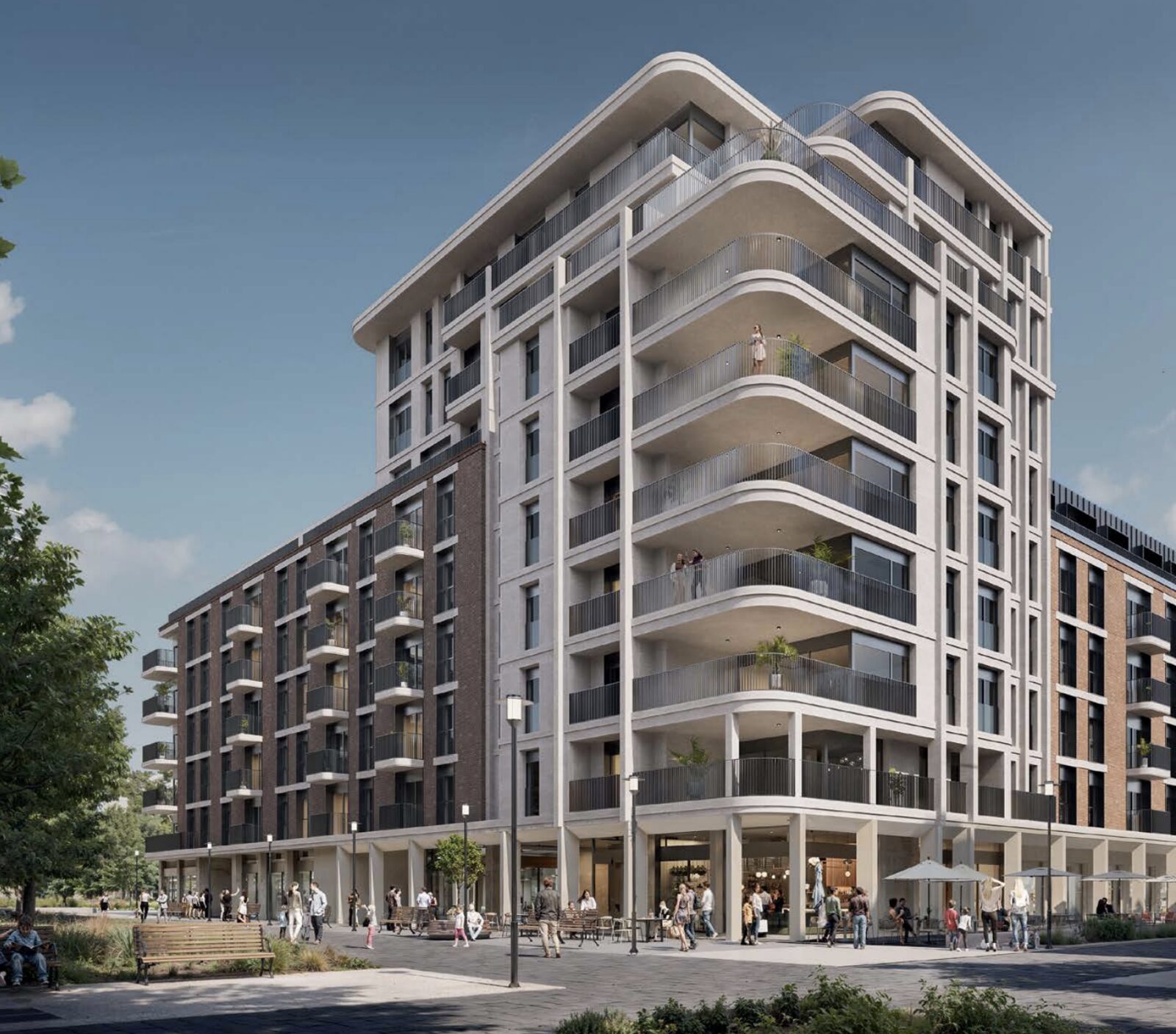Club Residences street façade with ground-floor retail and café terraces